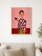 Abstract Woman with Cocktail Wall Art Print - wood framed poster