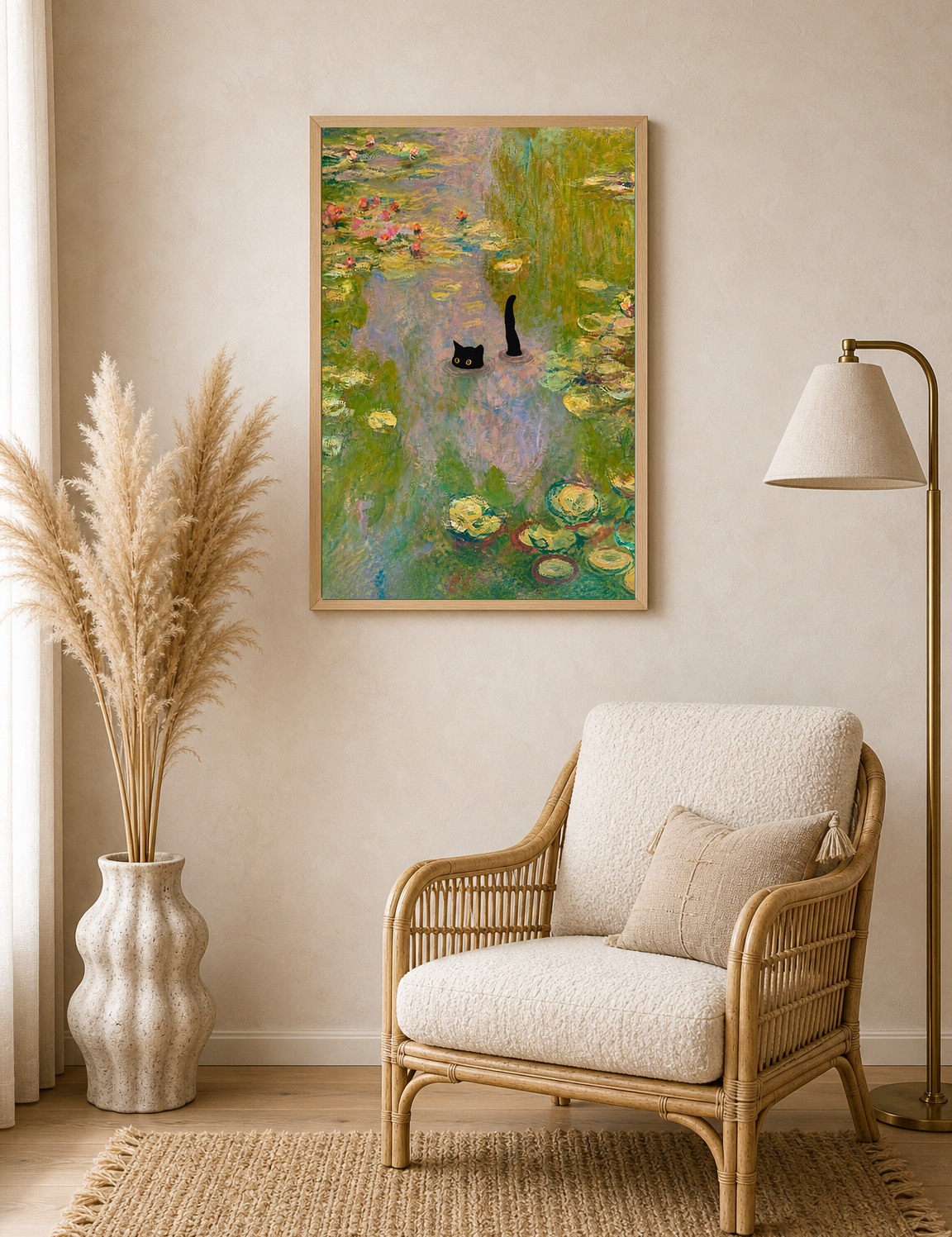Black Cat in Monet Lily Pond Wall Art Print - wood framed poster