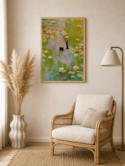 Black Cat in Monet Lily Pond Wall Art Print - wood framed poster