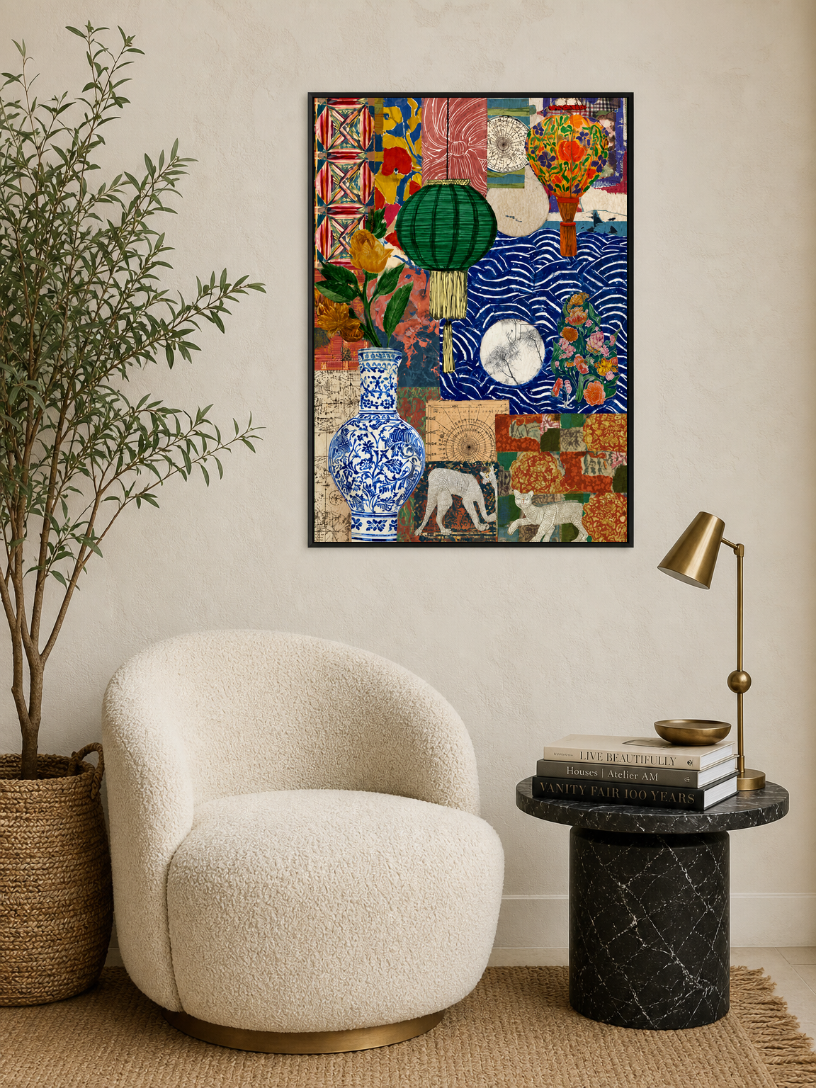 Eclectic Collage Lantern & Vase Wall Art Print - black framed