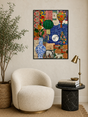 Eclectic Collage Lantern & Vase Wall Art Print - black framed