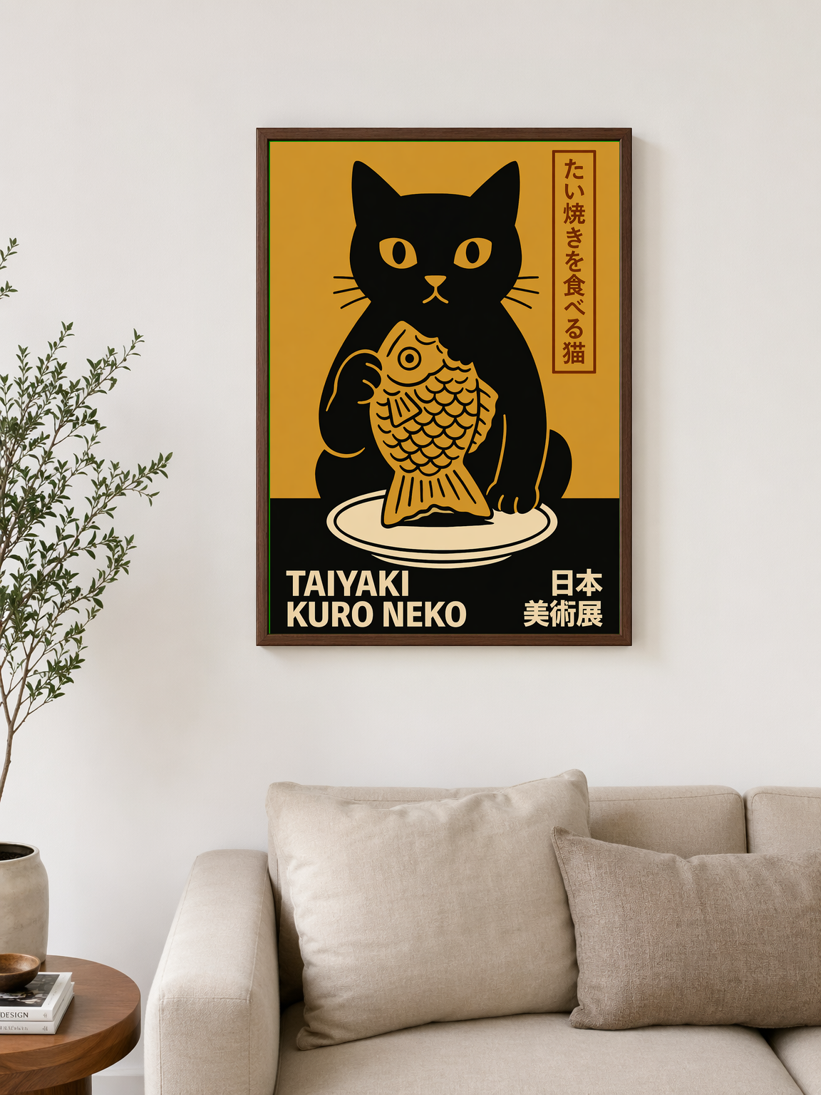 Taiyaki Kuro Neko Japanese Wall Art Print - dark wood framed