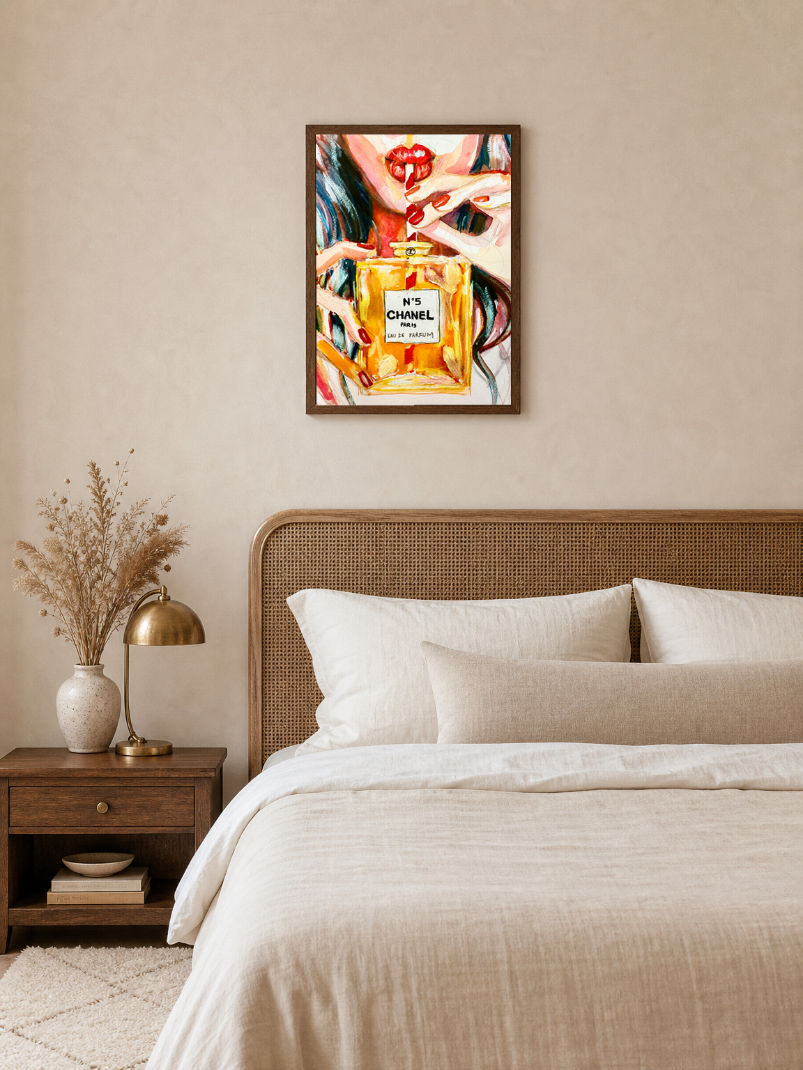 Chanel No.5 Perfume Lips Wall Art Print - dark wood framed