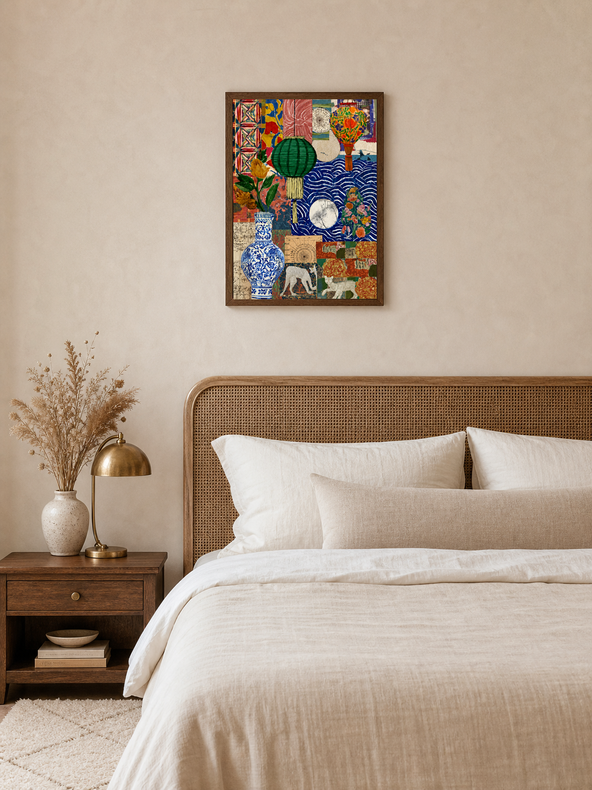 Eclectic Collage Lantern & Vase Wall Art Print - dark wood framed