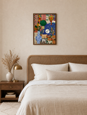 Eclectic Collage Lantern & Vase Wall Art Print - dark wood framed