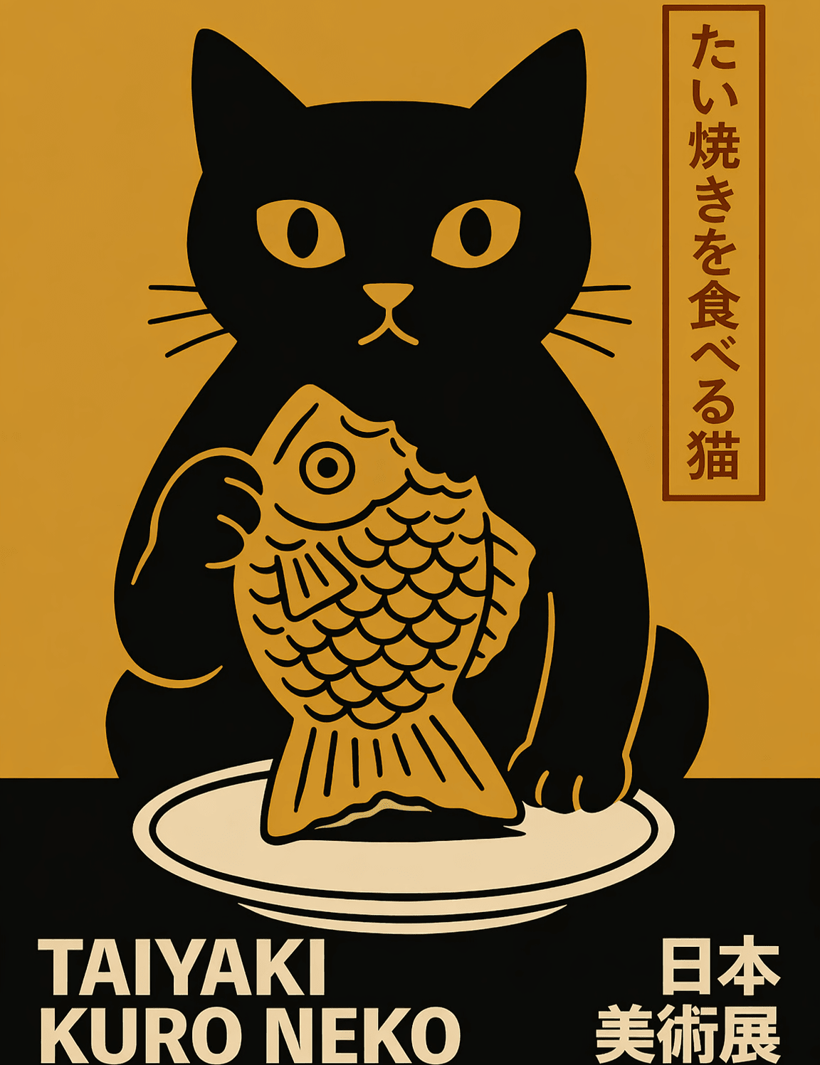 Taiyaki Kuro Neko Japanese Wall Art Print - unframed