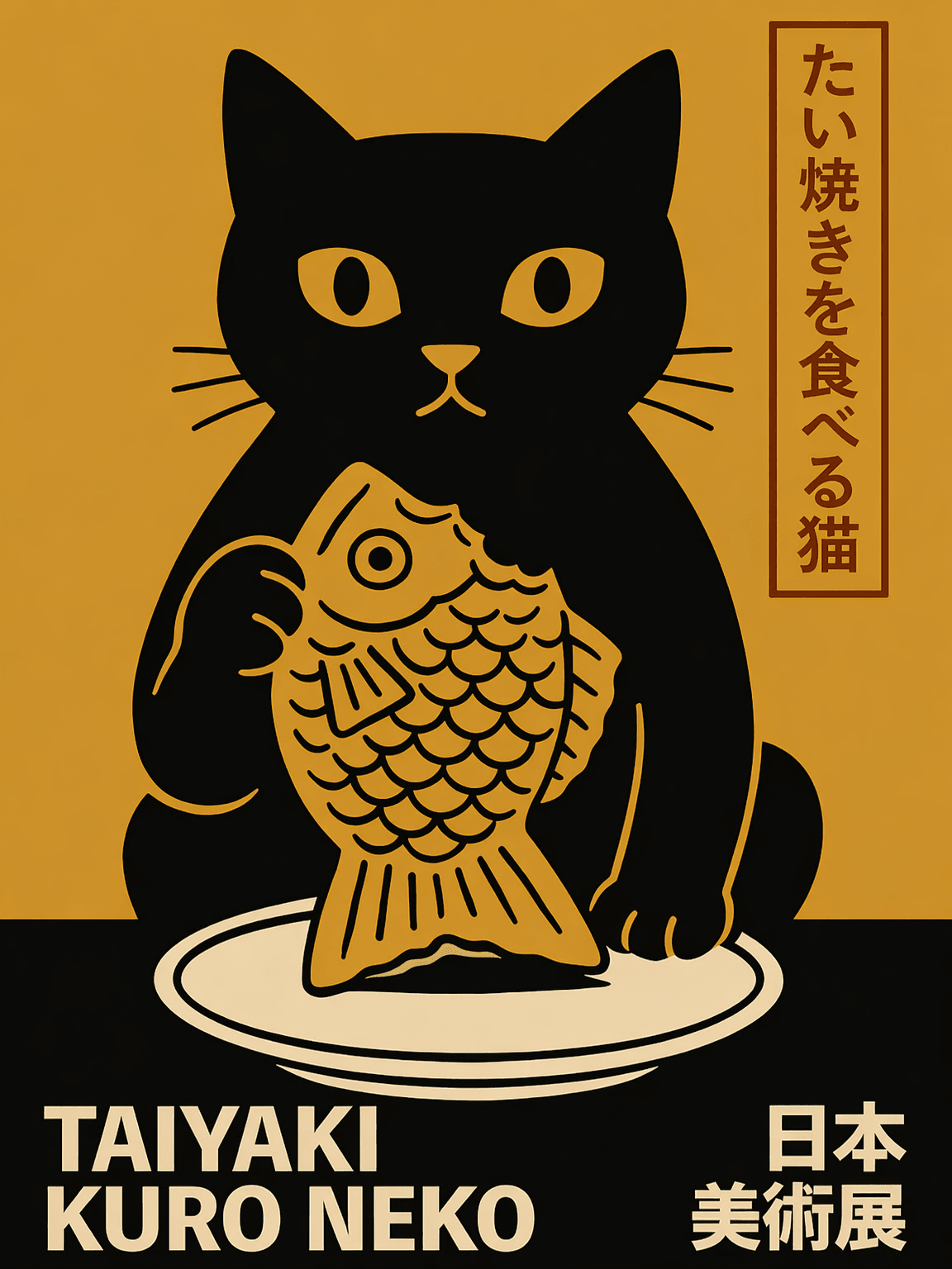 Taiyaki Kuro Neko Japanese Wall Art Print - unframed