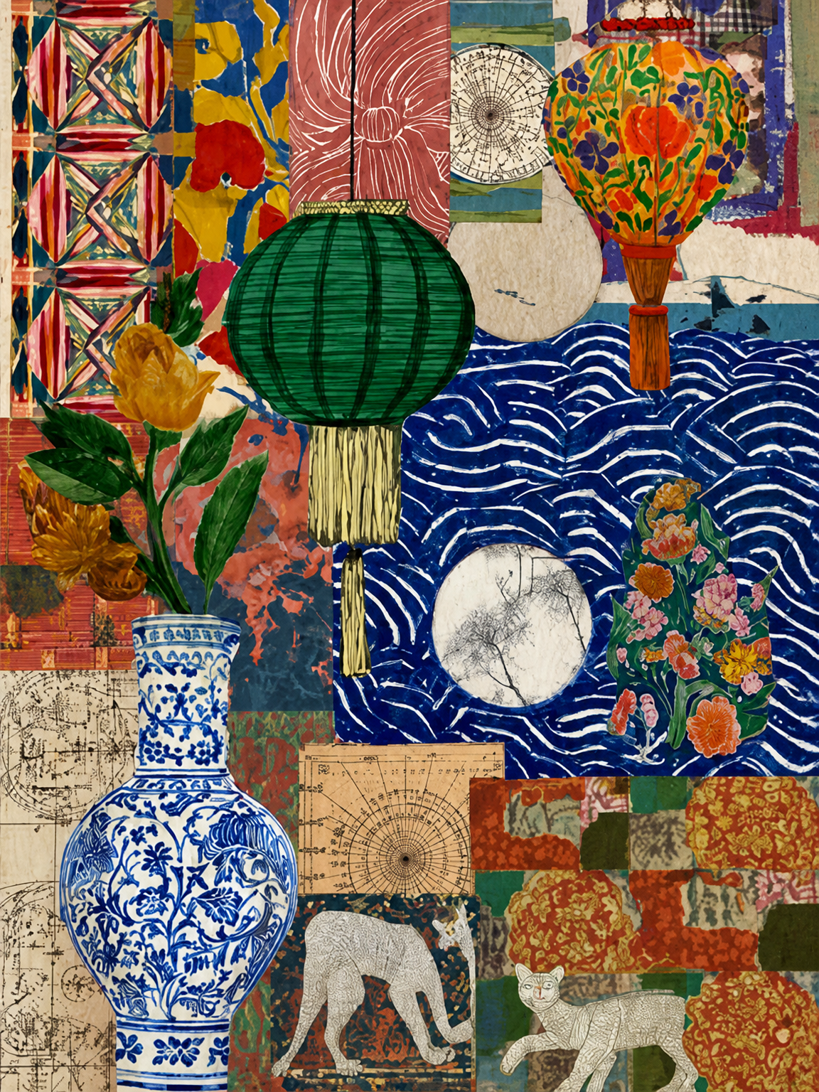 Eclectic Collage Lantern & Vase Wall Art Print - unframed