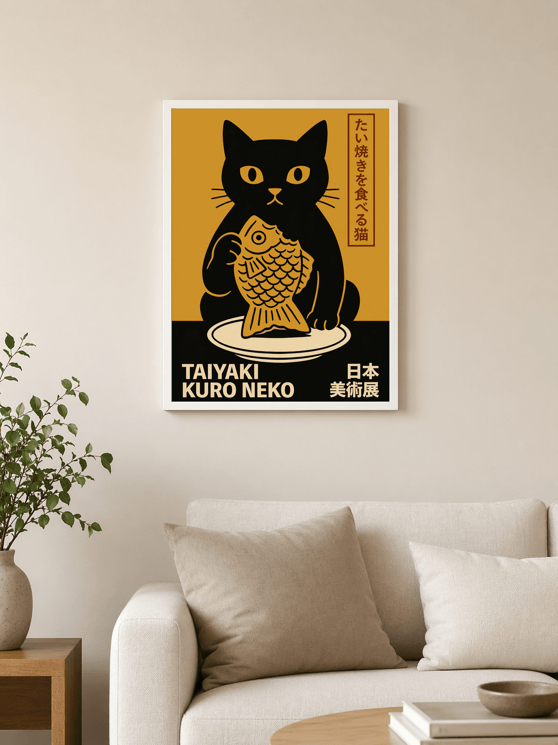 Taiyaki Kuro Neko Japanese Wall Art Print - white framed