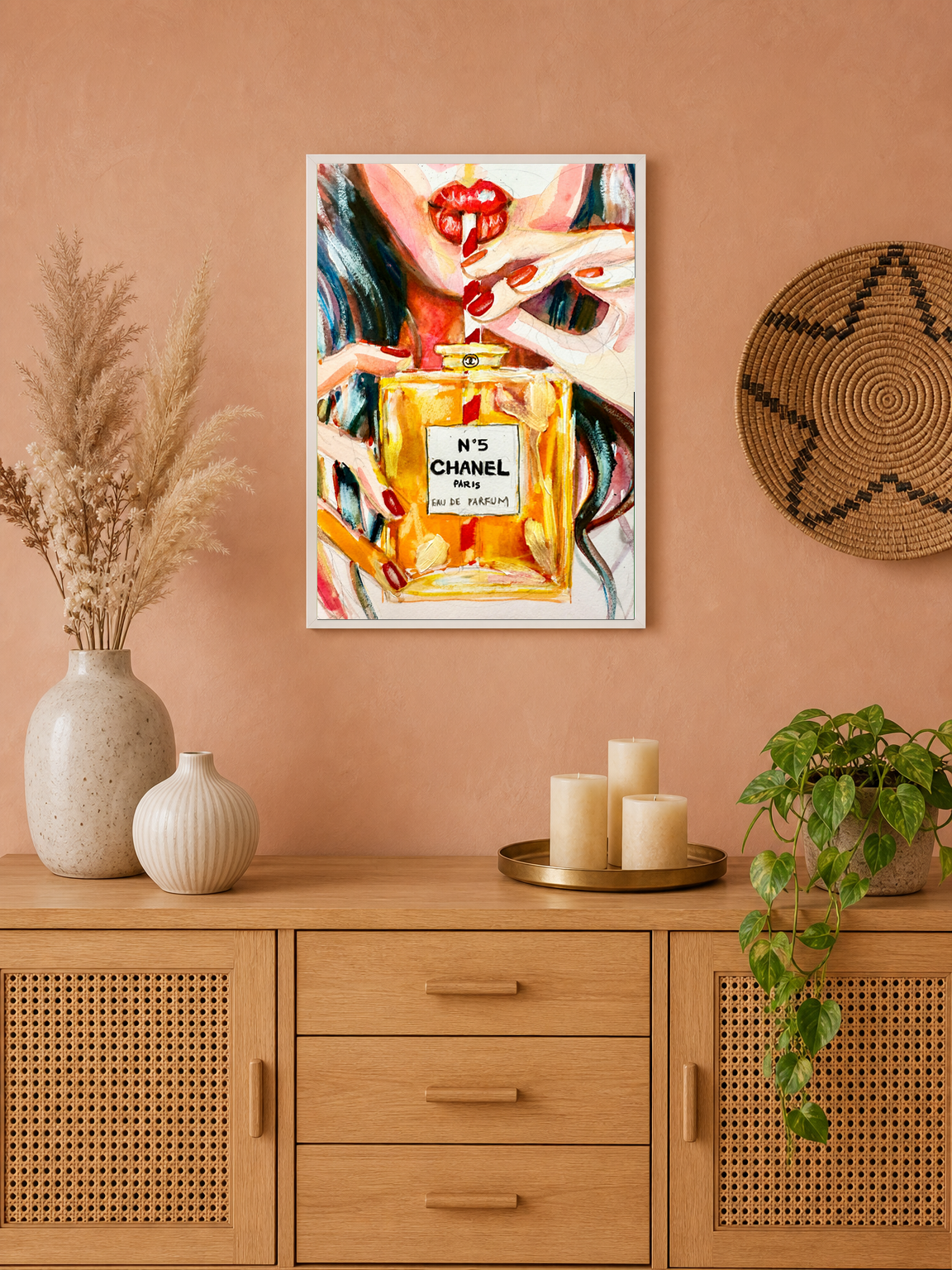 Chanel No.5 Perfume Lips Wall Art Print - white framed