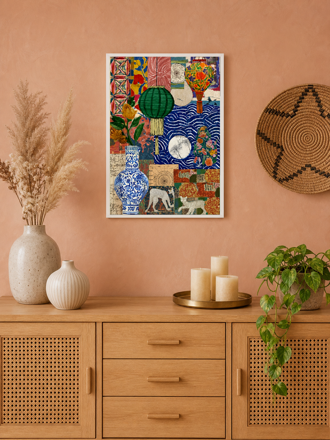 Eclectic Collage Lantern & Vase Wall Art Print - white framed