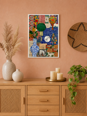 Eclectic Collage Lantern & Vase Wall Art Print - white framed