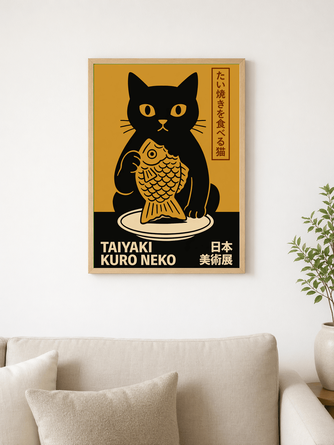 Taiyaki Kuro Neko Japanese Wall Art Print - wood framed poster