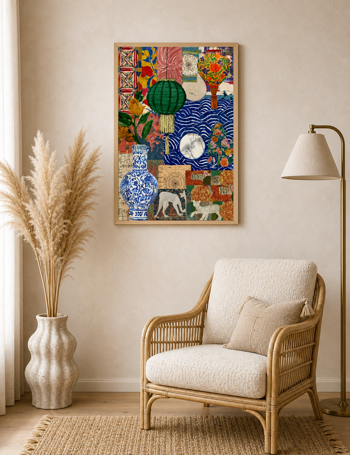 Eclectic Collage Lantern & Vase Wall Art Print - wood framed poster