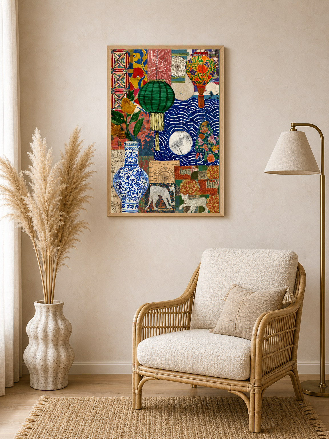 Eclectic Collage Lantern & Vase Wall Art Print - wood framed poster