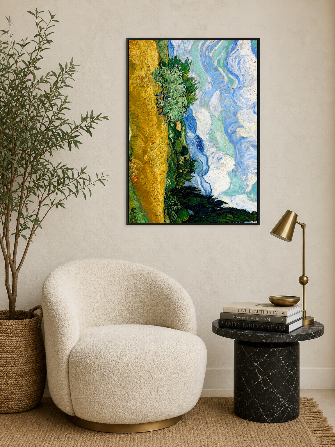 Van Gogh Style Wheatfield Sky Wall Art Print - black framed
