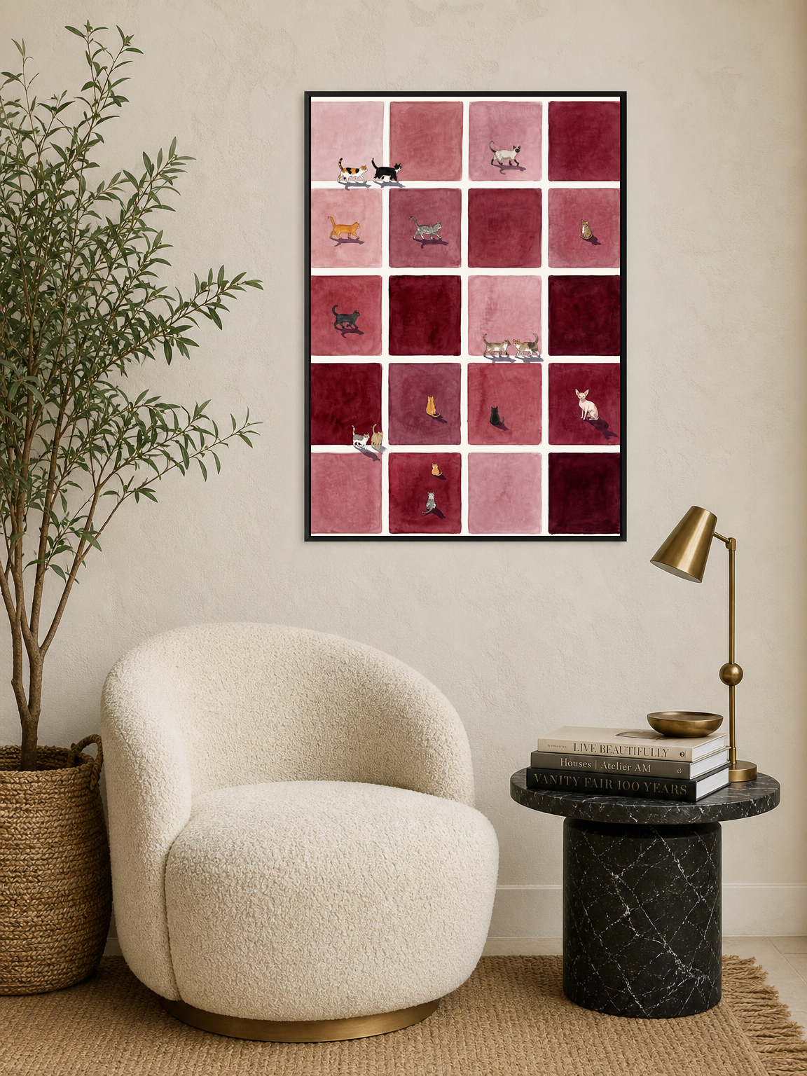 Minimalist Cat Grid Wall Art Print - black framed