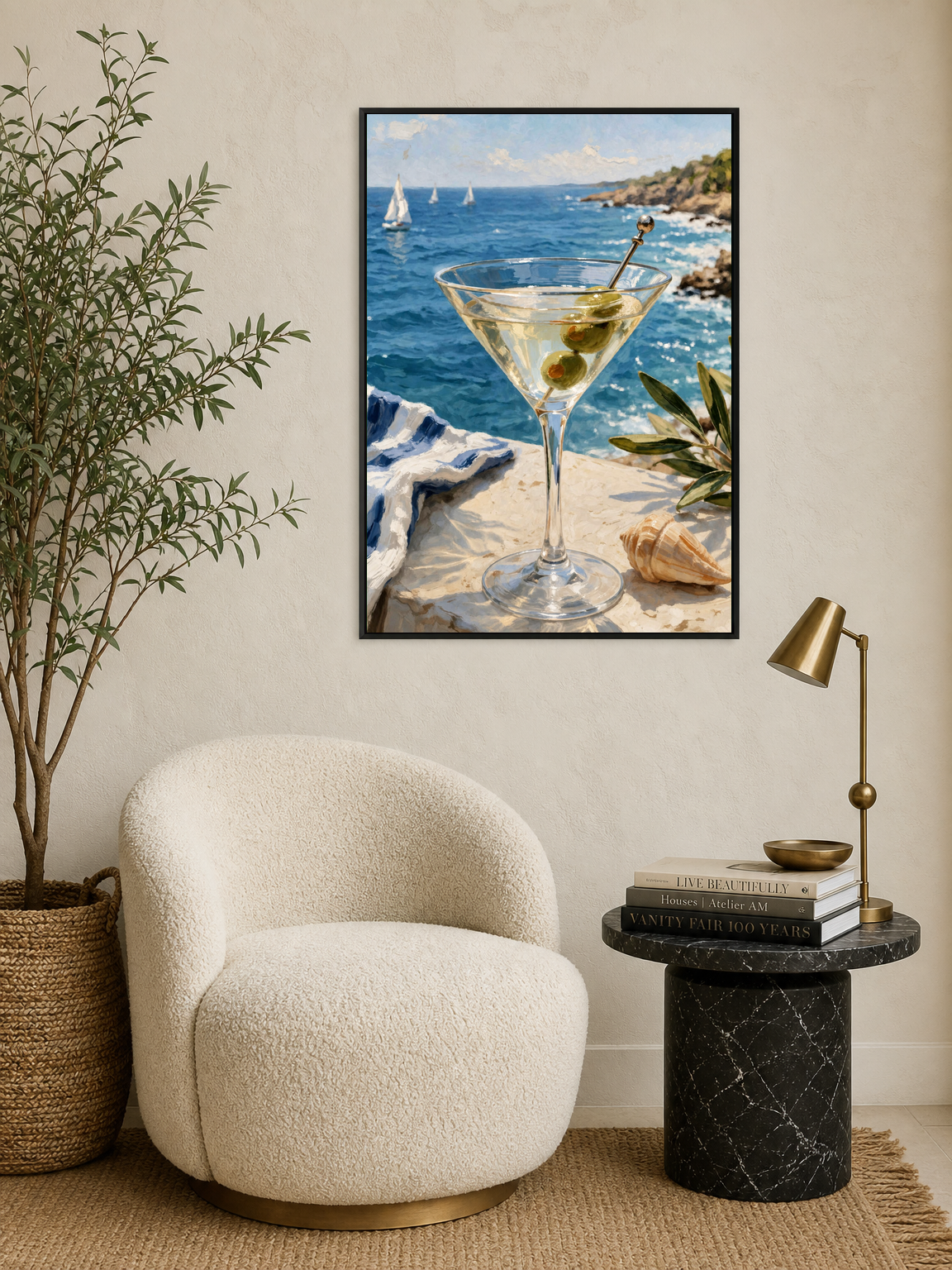 Coastal Martini by the Sea Wall Art Print - black framed