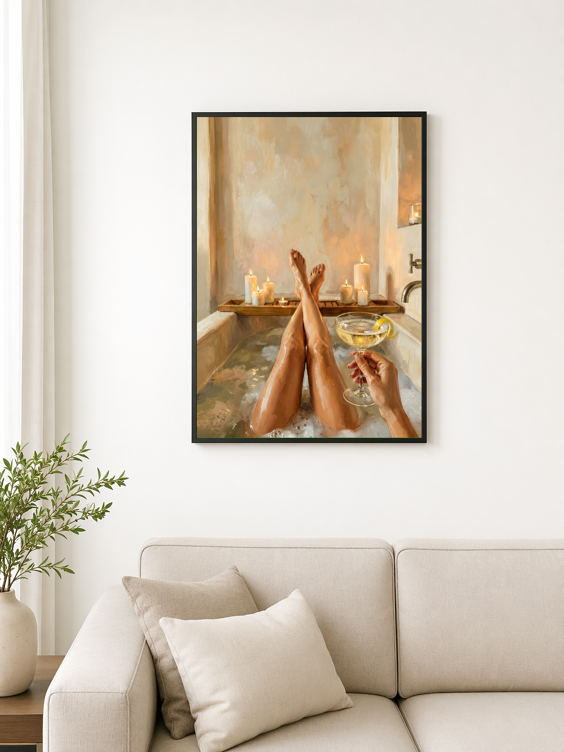 Cozy Candlelit Bath Wall Art Print - black framed