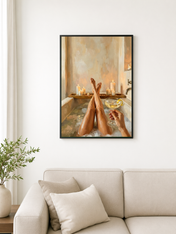 Cozy Candlelit Bath Wall Art Print - black framed