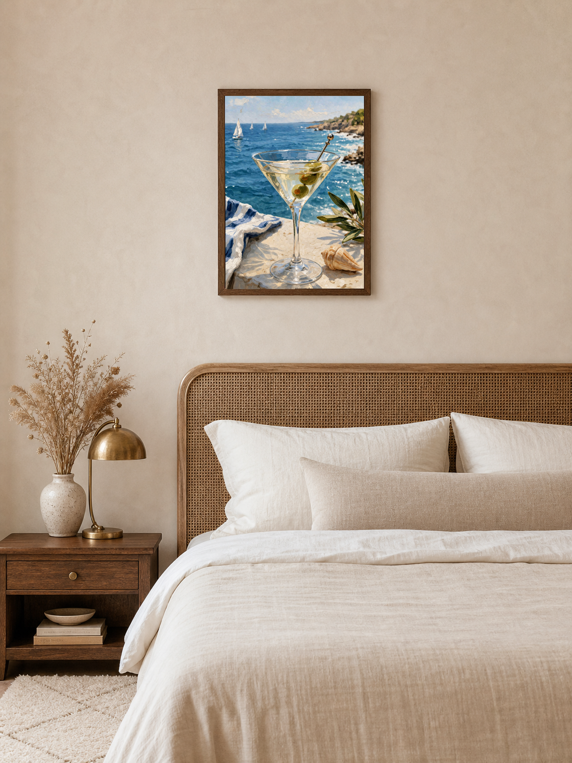 Coastal Martini by the Sea Wall Art Print - dark wood framed