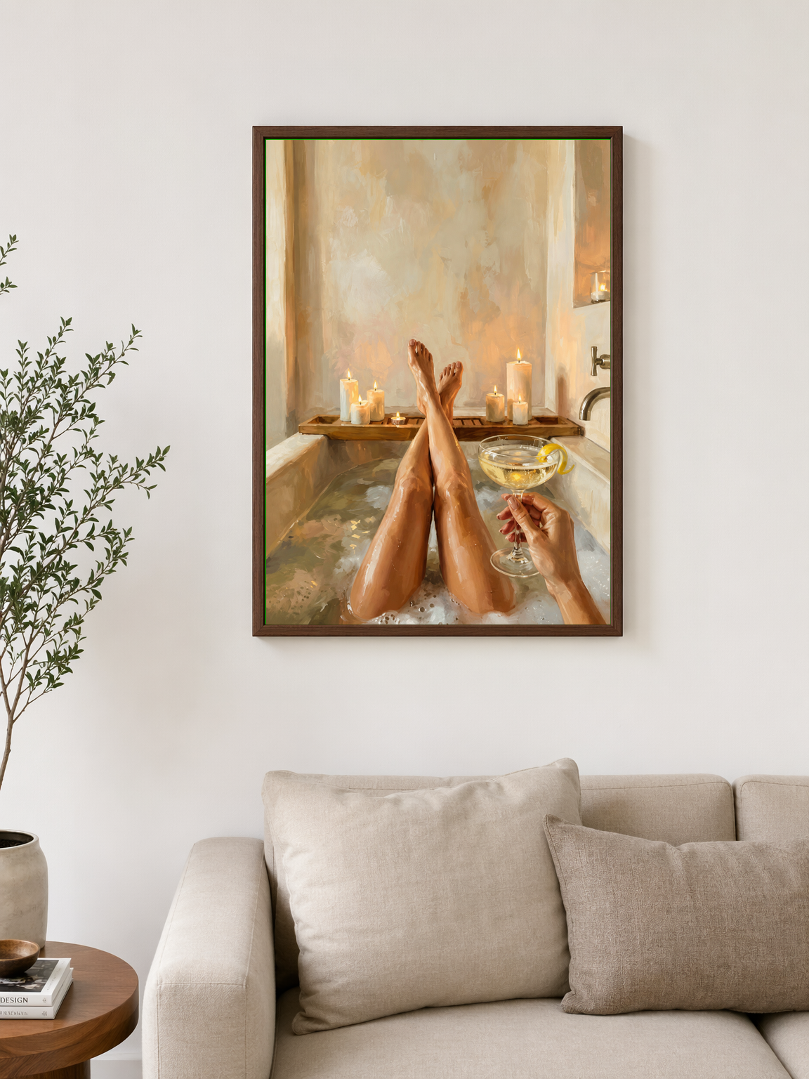 Cozy Candlelit Bath Wall Art Print - dark wood framed
