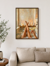 Cozy Candlelit Bath Wall Art Print - dark wood framed