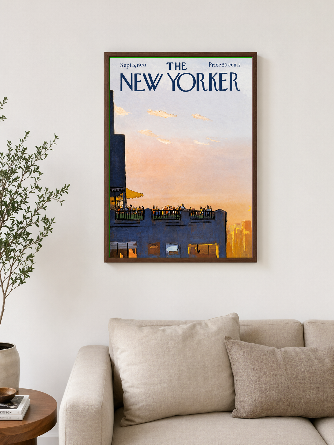 Rooftop Sunset New Yorker Wall Art Print - dark wood framed