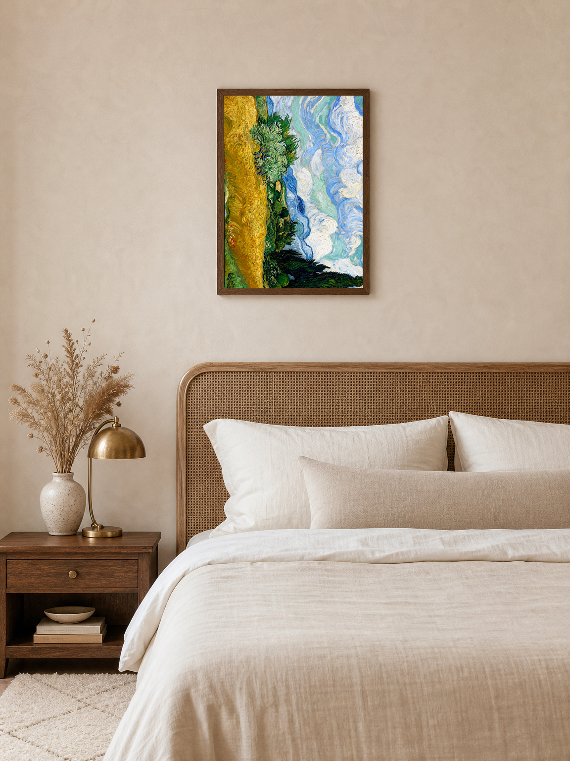 Van Gogh Style Wheatfield Sky Wall Art Print - dark wood framed
