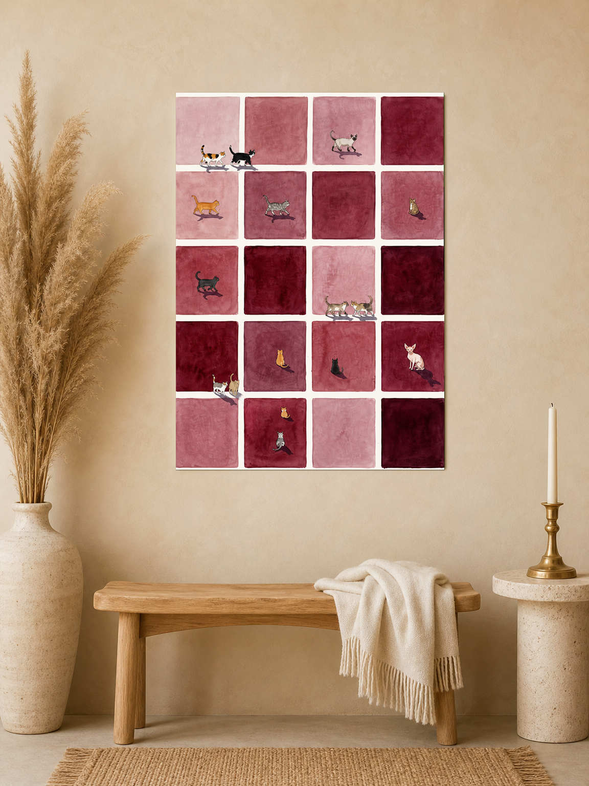 Minimalist Cat Grid Wall Art Print - unframed mockup