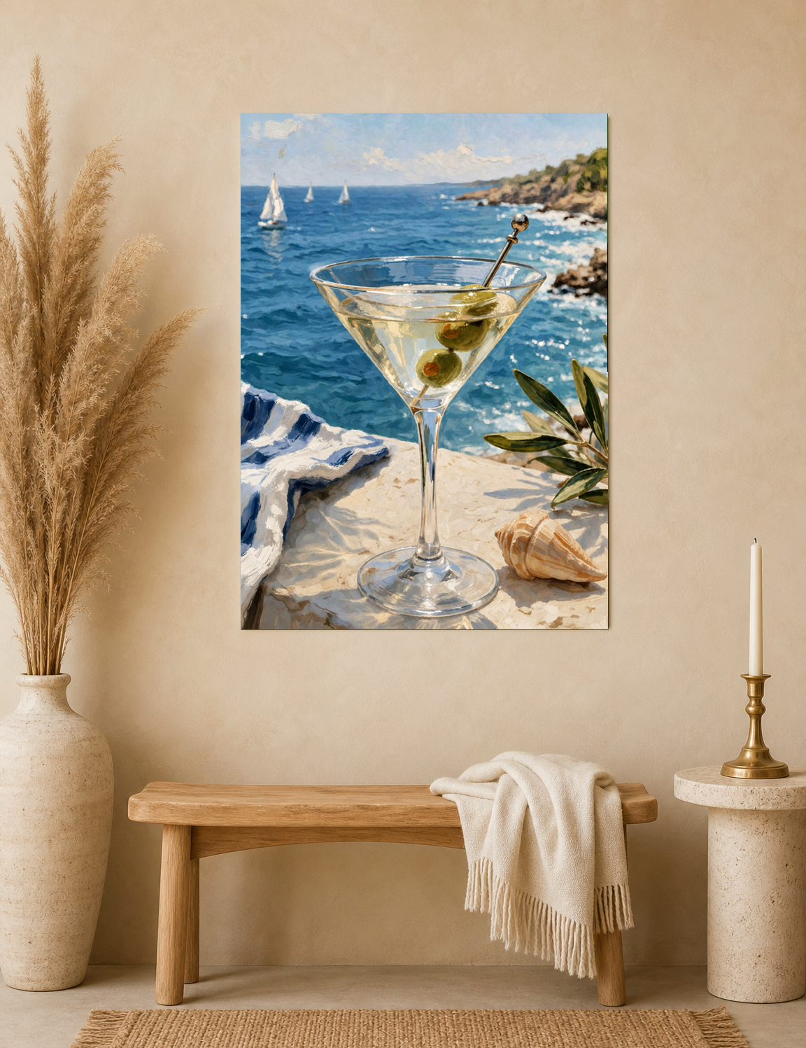 Coastal Martini by the Sea Wall Art Print - unframed mockup