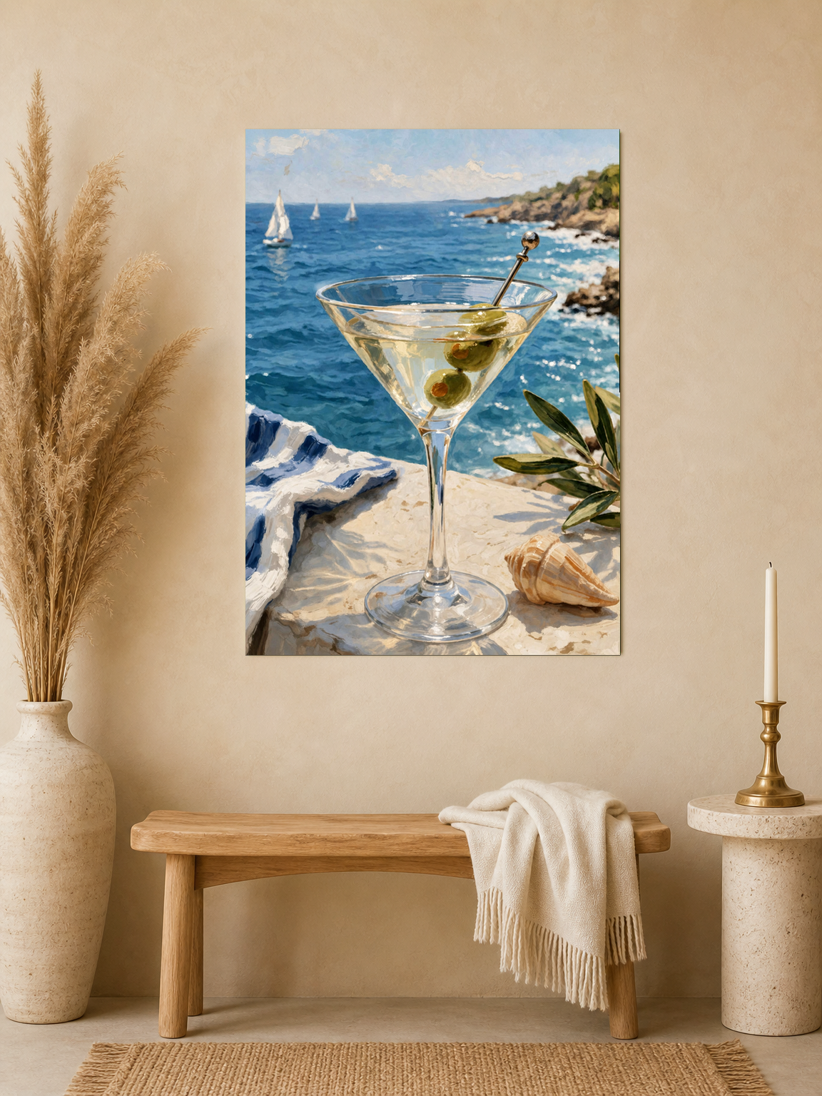 Coastal Martini by the Sea Wall Art Print - unframed mockup