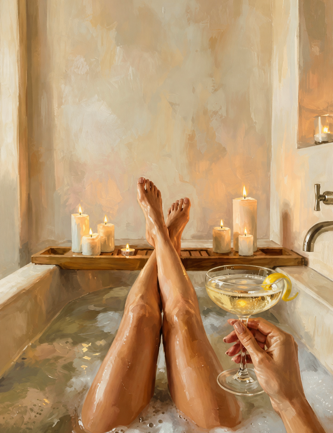 Cozy Candlelit Bath Wall Art Print - unframed