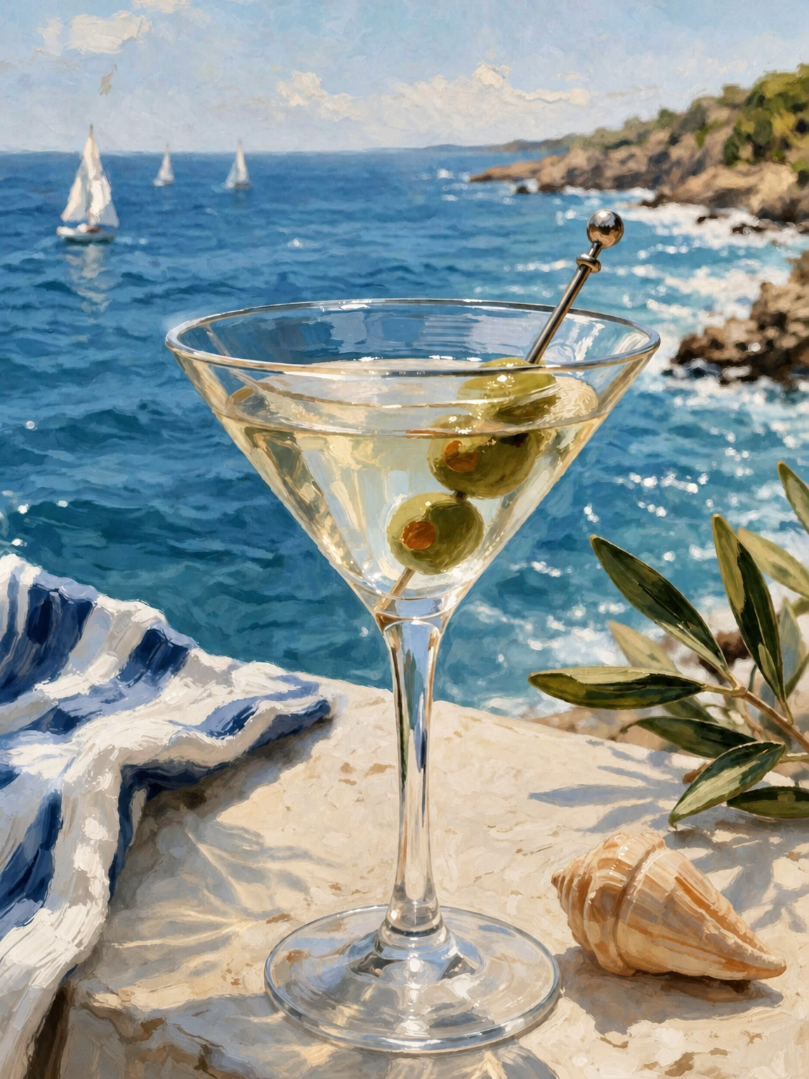 Coastal Martini by the Sea Wall Art Print - unframed