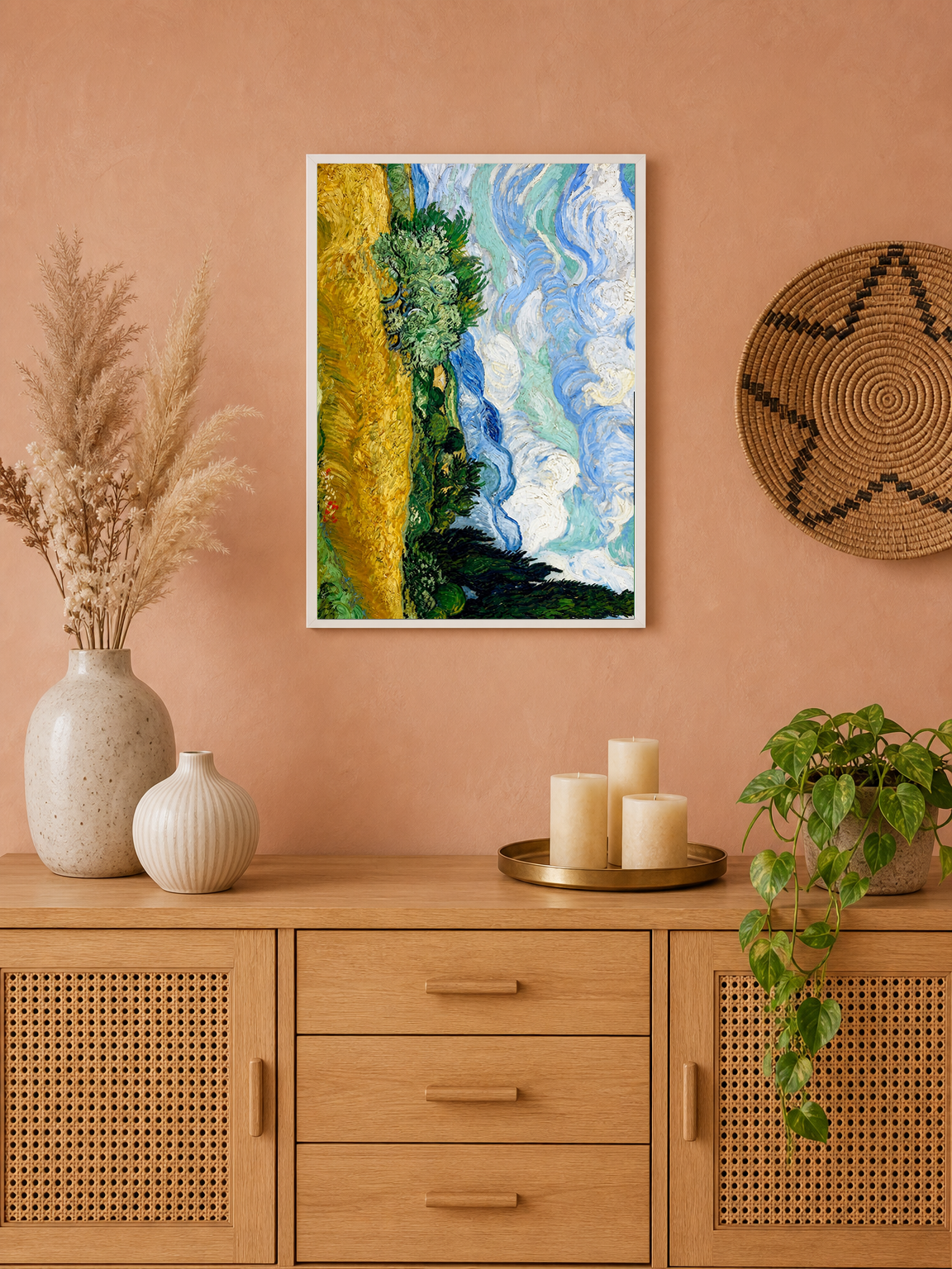 Van Gogh Style Wheatfield Sky Wall Art Print - white framed