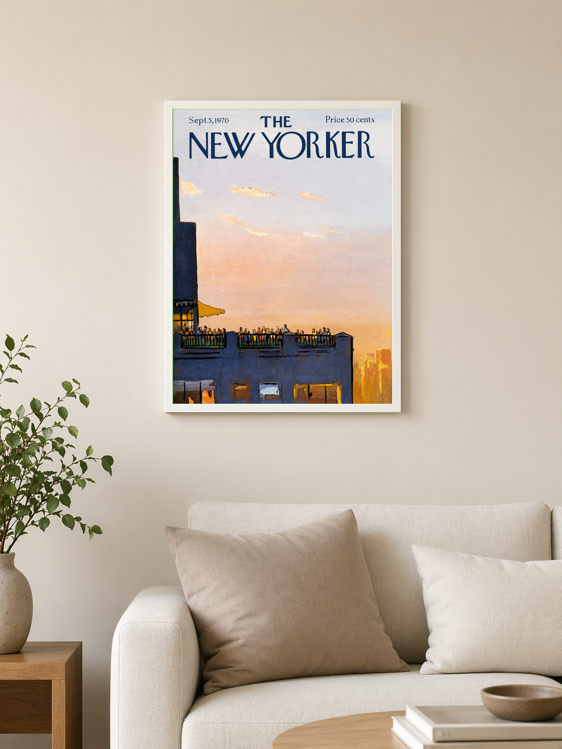 Rooftop Sunset New Yorker Wall Art Print - white framed