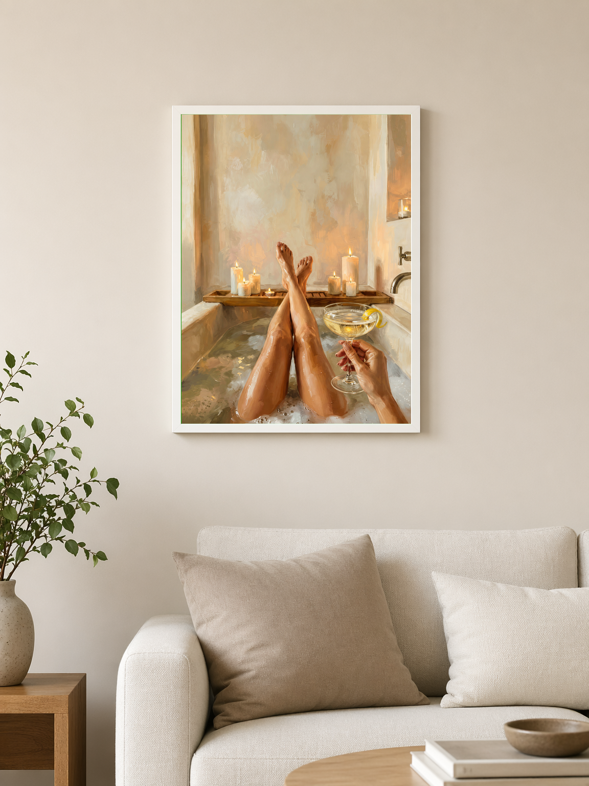 Cozy Candlelit Bath Wall Art Print - white framed