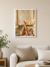 Cozy Candlelit Bath Wall Art Print - white framed