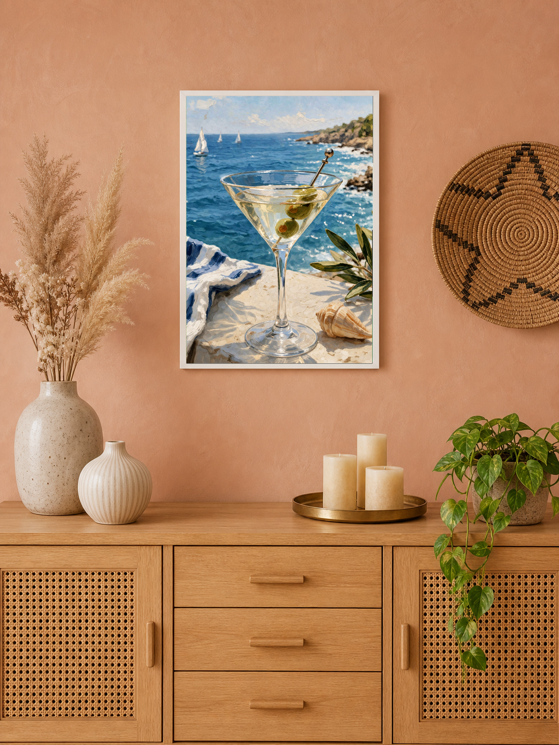 Coastal Martini by the Sea Wall Art Print - white framed