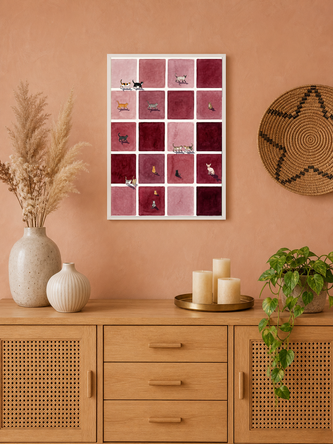 Minimalist Cat Grid Wall Art Print - white framed