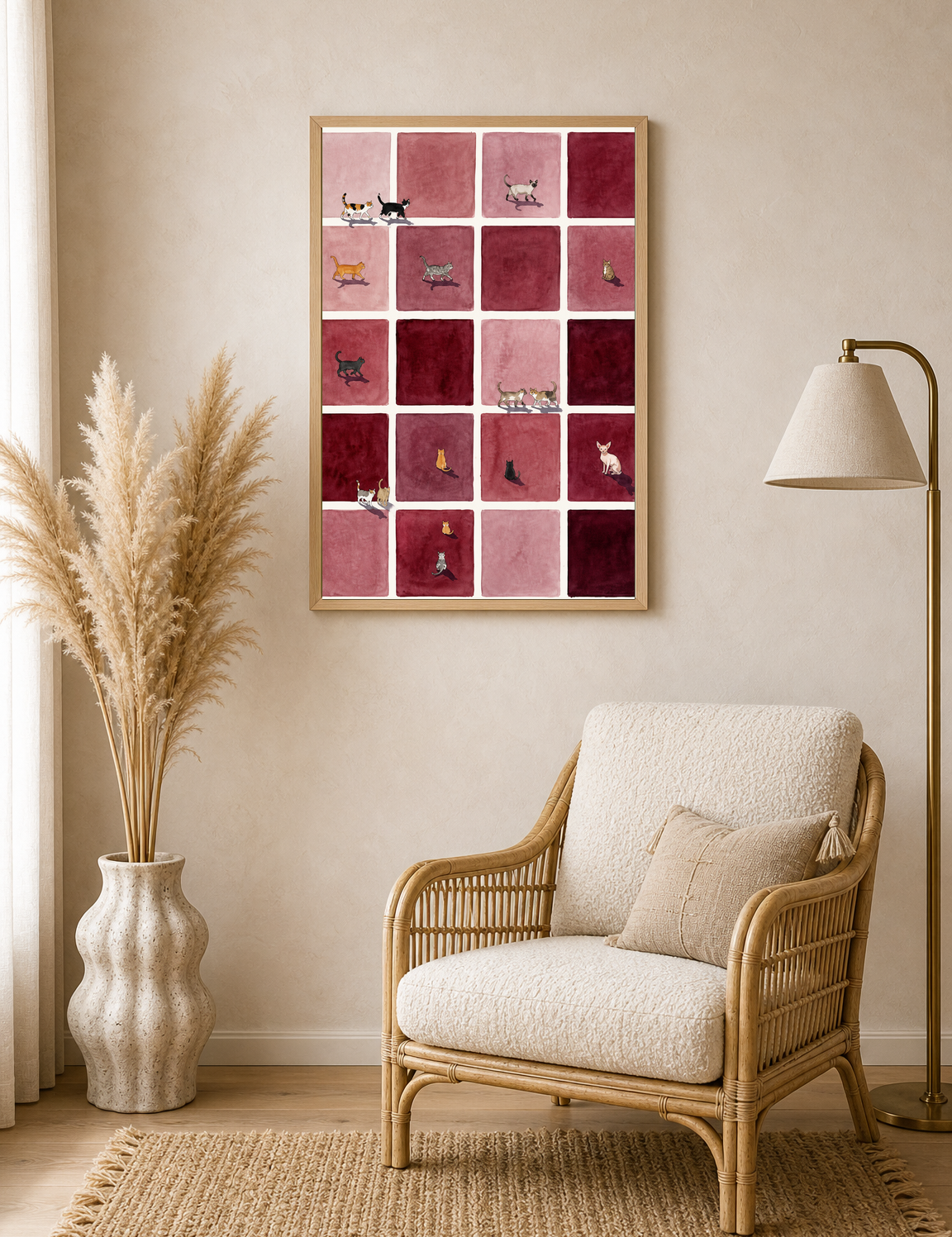 Minimalist Cat Grid Wall Art Print - wood framed poster