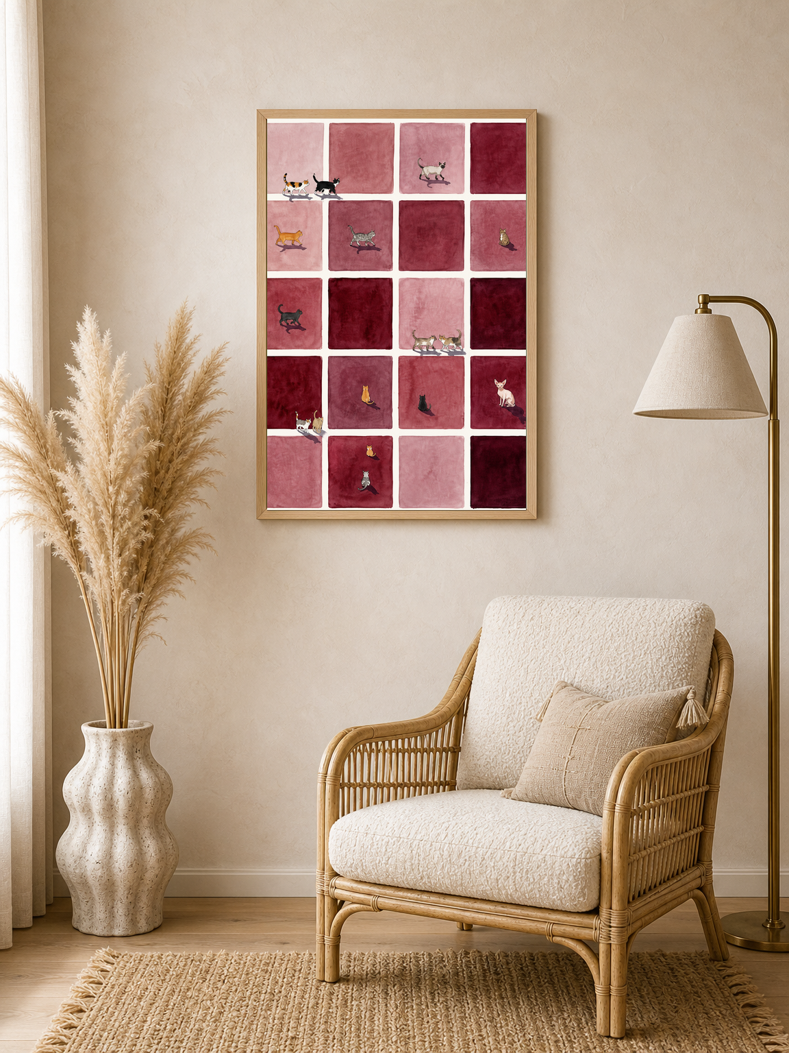 Minimalist Cat Grid Wall Art Print - wood framed poster