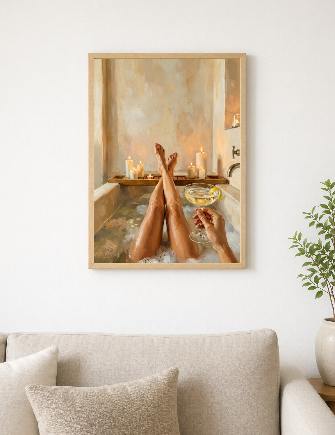 Cozy Candlelit Bath Wall Art Print - wood framed poster