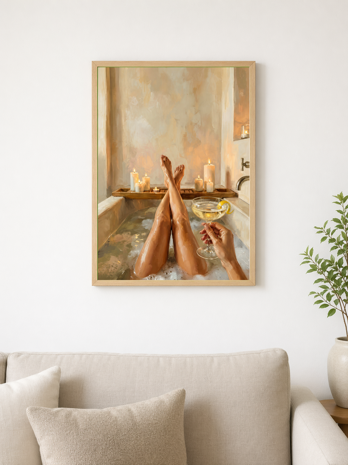 Cozy Candlelit Bath Wall Art Print - wood framed poster