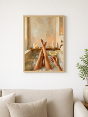 Cozy Candlelit Bath Wall Art Print - wood framed poster