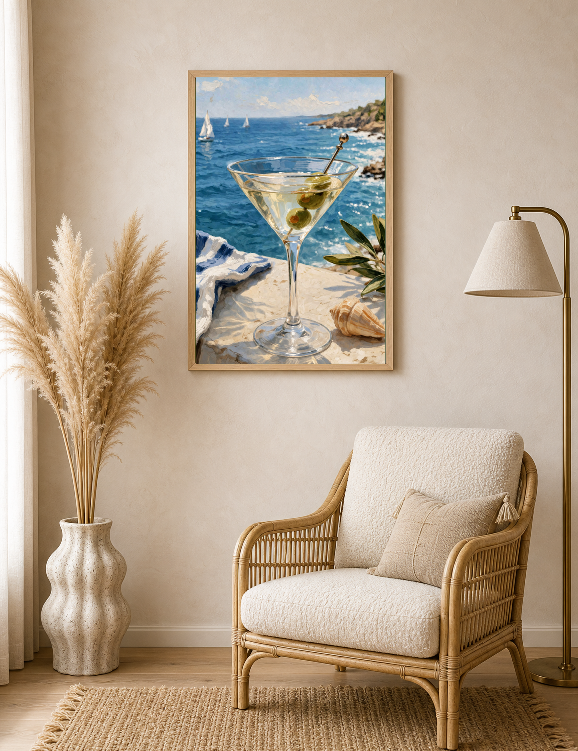 Coastal Martini by the Sea Wall Art Print - wood framed poster