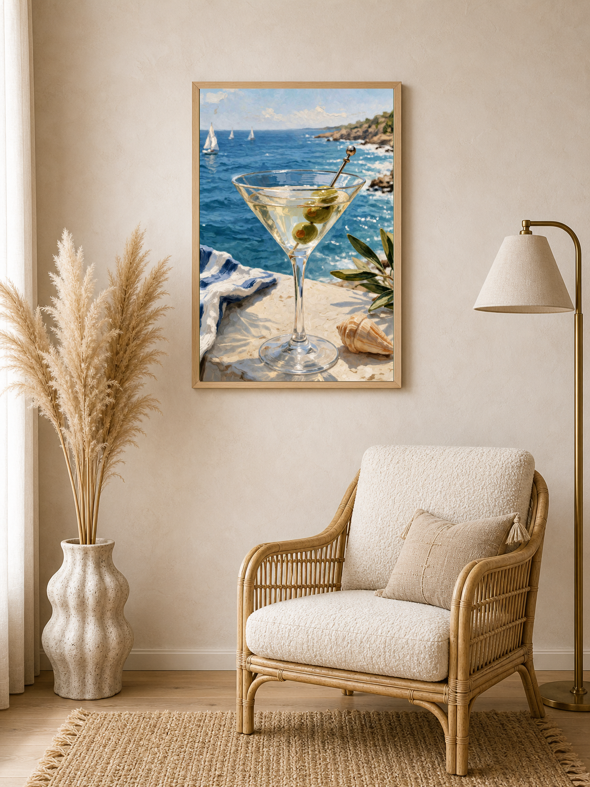 Coastal Martini by the Sea Wall Art Print - wood framed poster