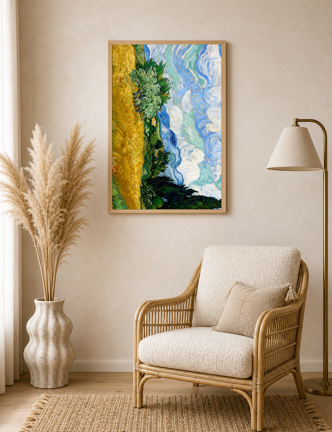 Van Gogh Style Wheatfield Sky Wall Art Print - wood framed poster
