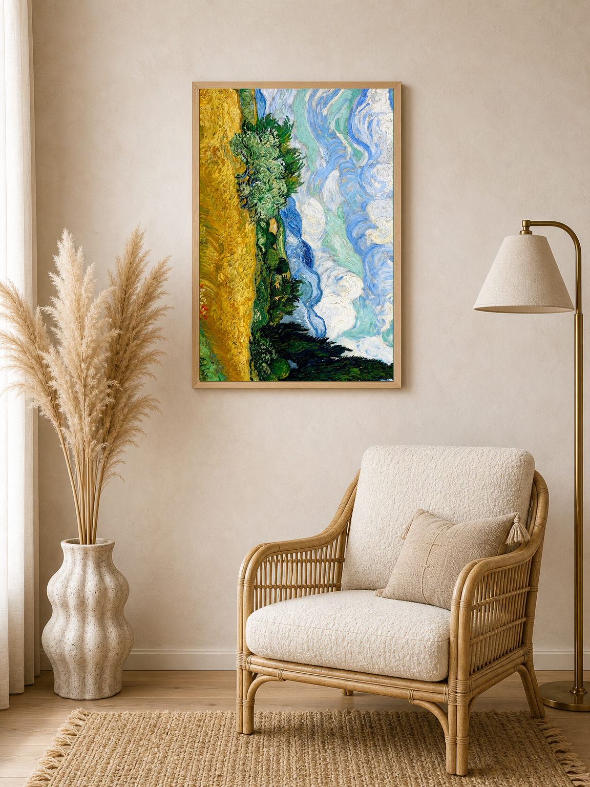 Van Gogh Style Wheatfield Sky Wall Art Print - wood framed poster