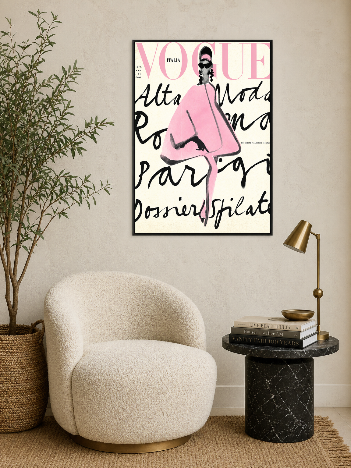 Pink Vogue Italia Fashion Wall Art Print - black framed